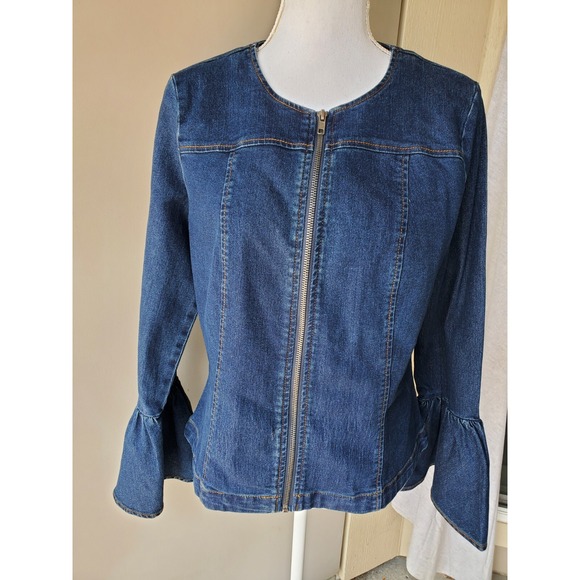 Venus Denim Jacket Womens Medium Blue Full Zip Bell Sleeves Stretch Western BOHO - Picture 1 of 15